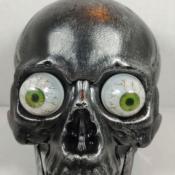 Old East Main Co Black Plastic 7 inch Skull Halloween Tabletop Decor Green Eyes - Picture 3 of 14